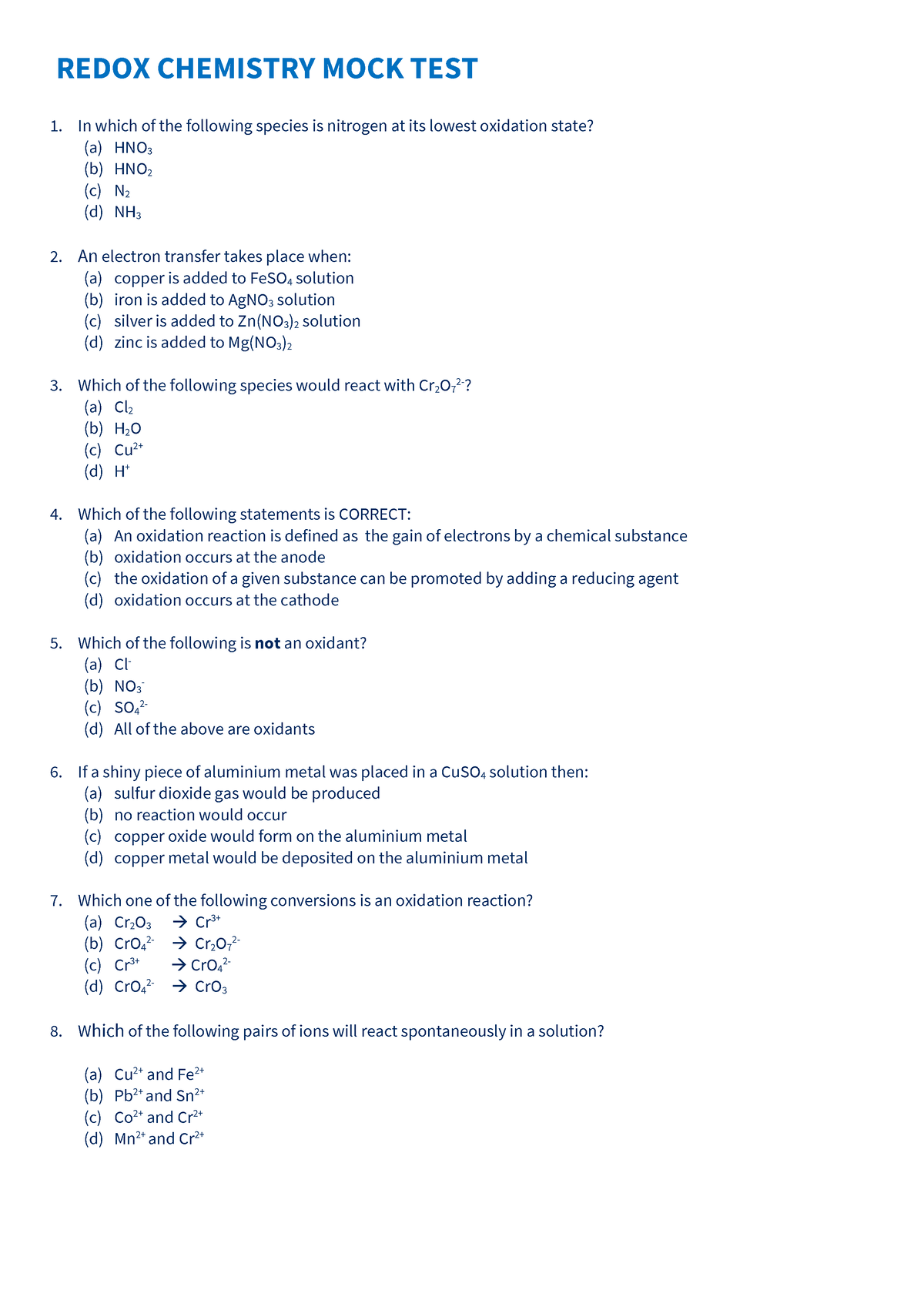 Chem 2 Mock Test 2 - Narrabundah College - REDOX CHEMISTRY MOCK TEST In ...