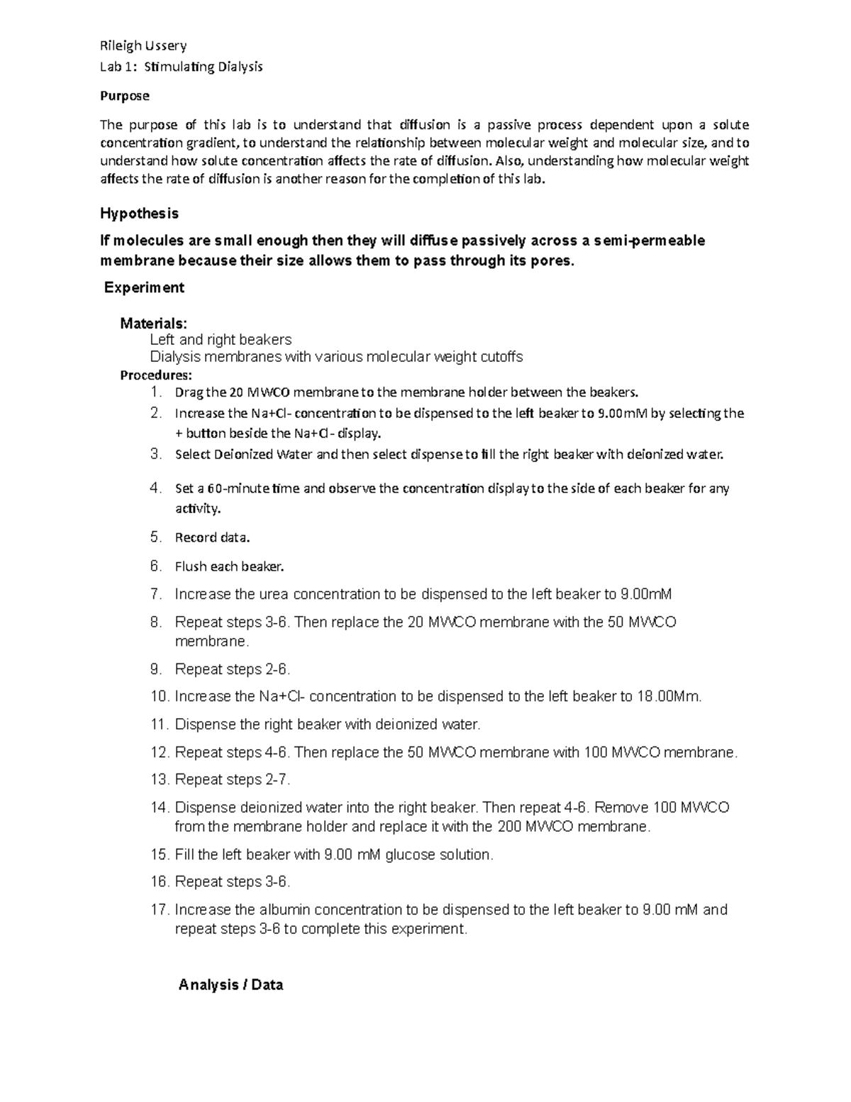 Lab Report activity 1 - Rileigh Ussery Lab 1: Stimulating Dialysis ...