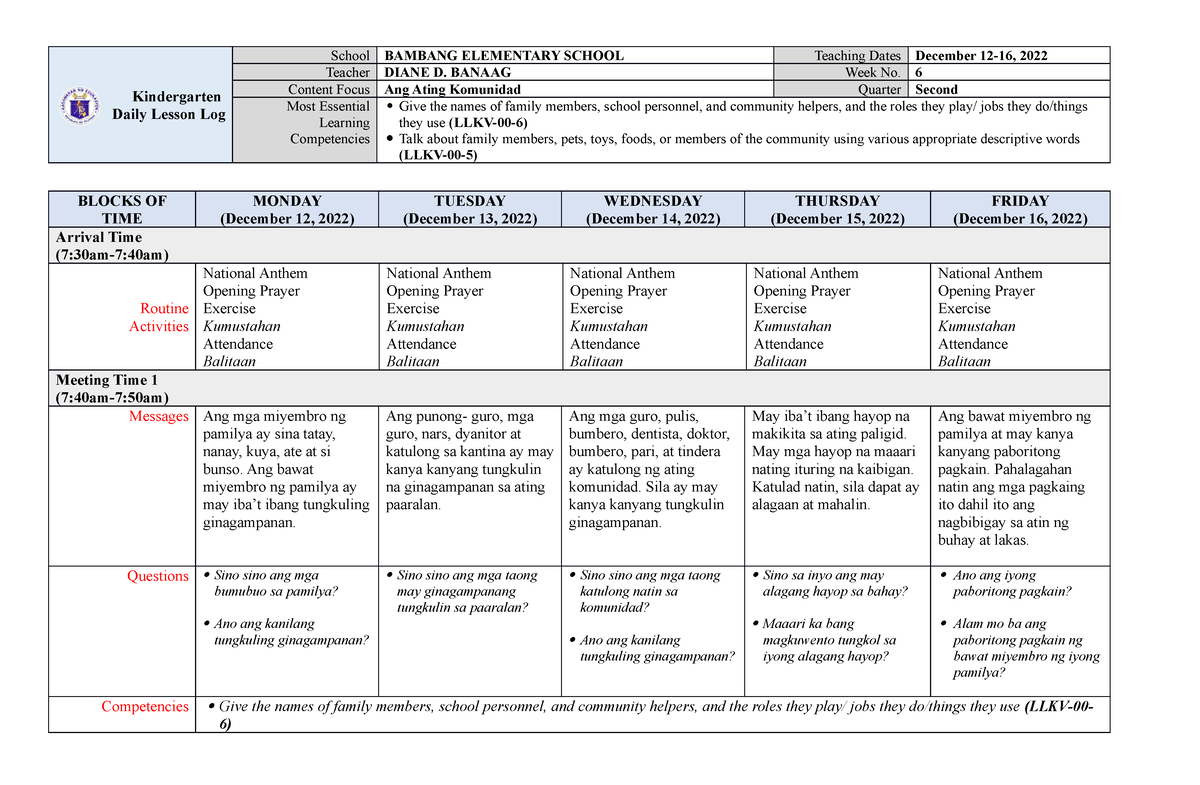 Kindergarten Dll Melc Q2 Week 6 Asf Kindergarten Daily Lesson Log School Bambang Elementary 1341