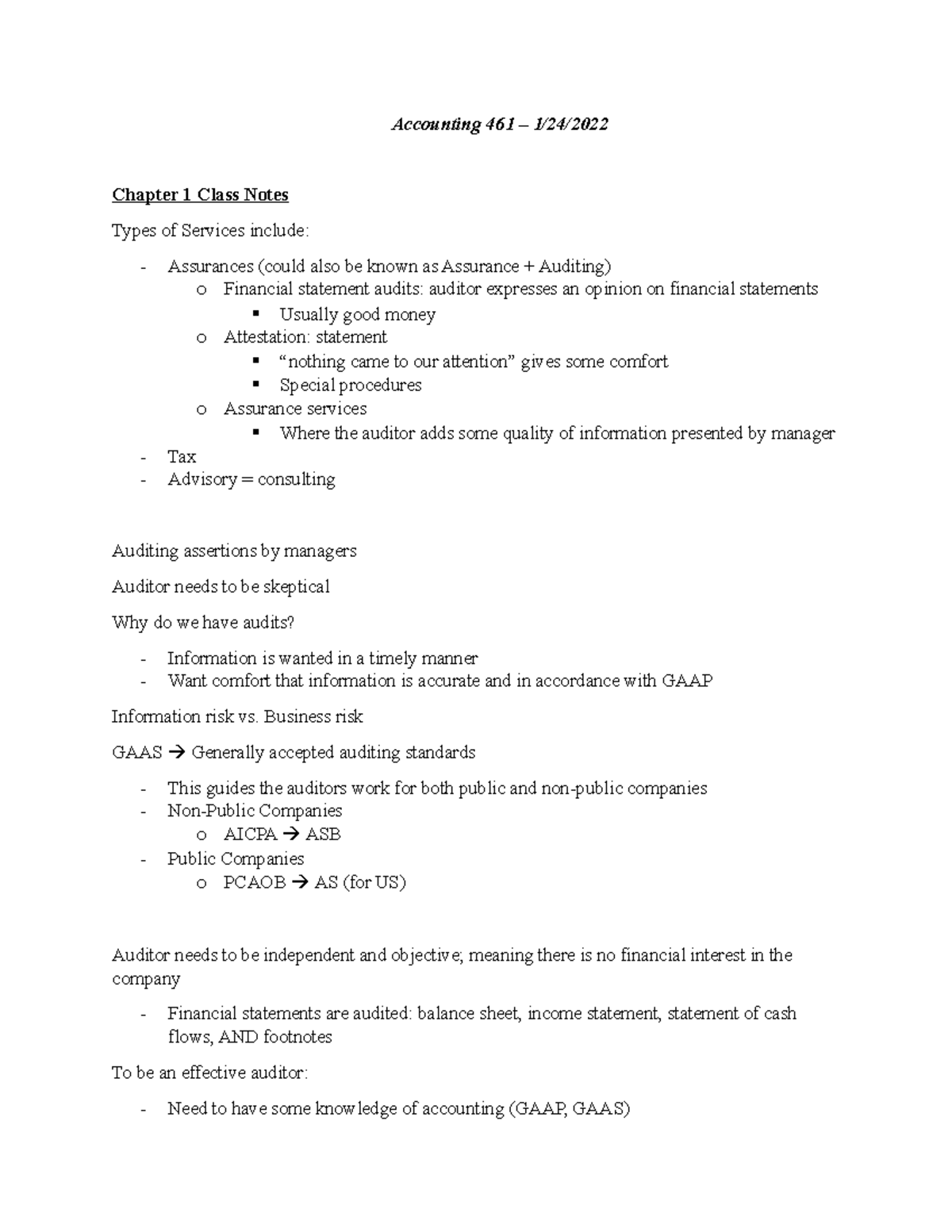 Class Lecture Notes 1 - Accounting 461 – 1/24/ Chapter 1 Class Notes ...