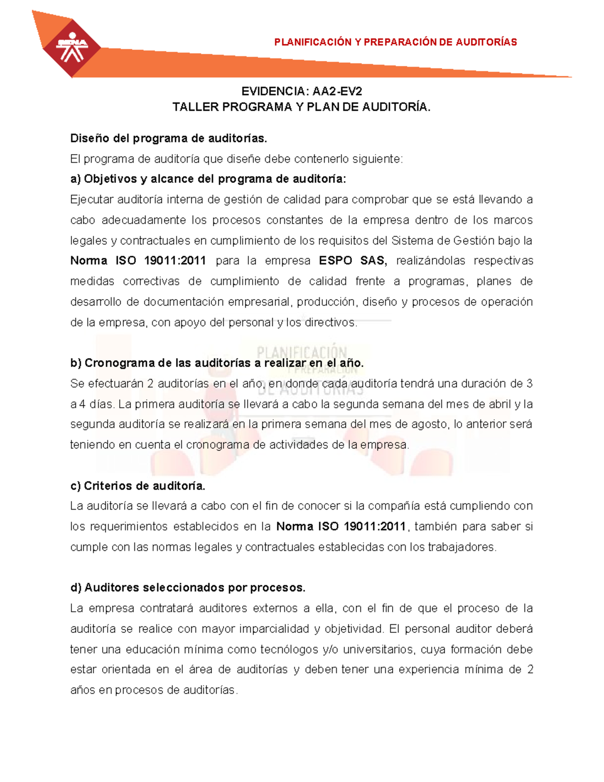 Taller Programa y Plan de Auditoria - PLANIFICACIÓN Y PREPARACIÓN DE ...