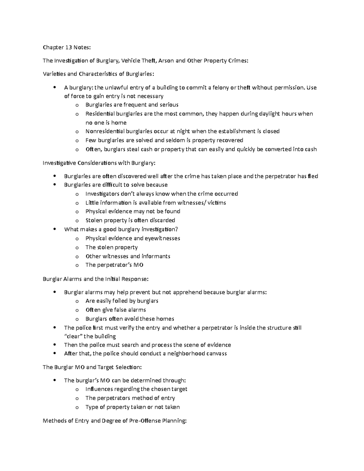 Chapter 13 Notes - Chapter 13 Notes: The Investigation of Burglary ...