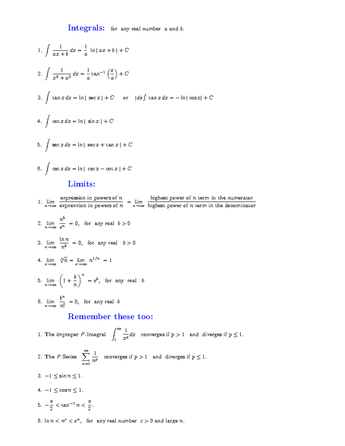 1042 Formulas - Summary Calculus II - Integrals: for any real number ...