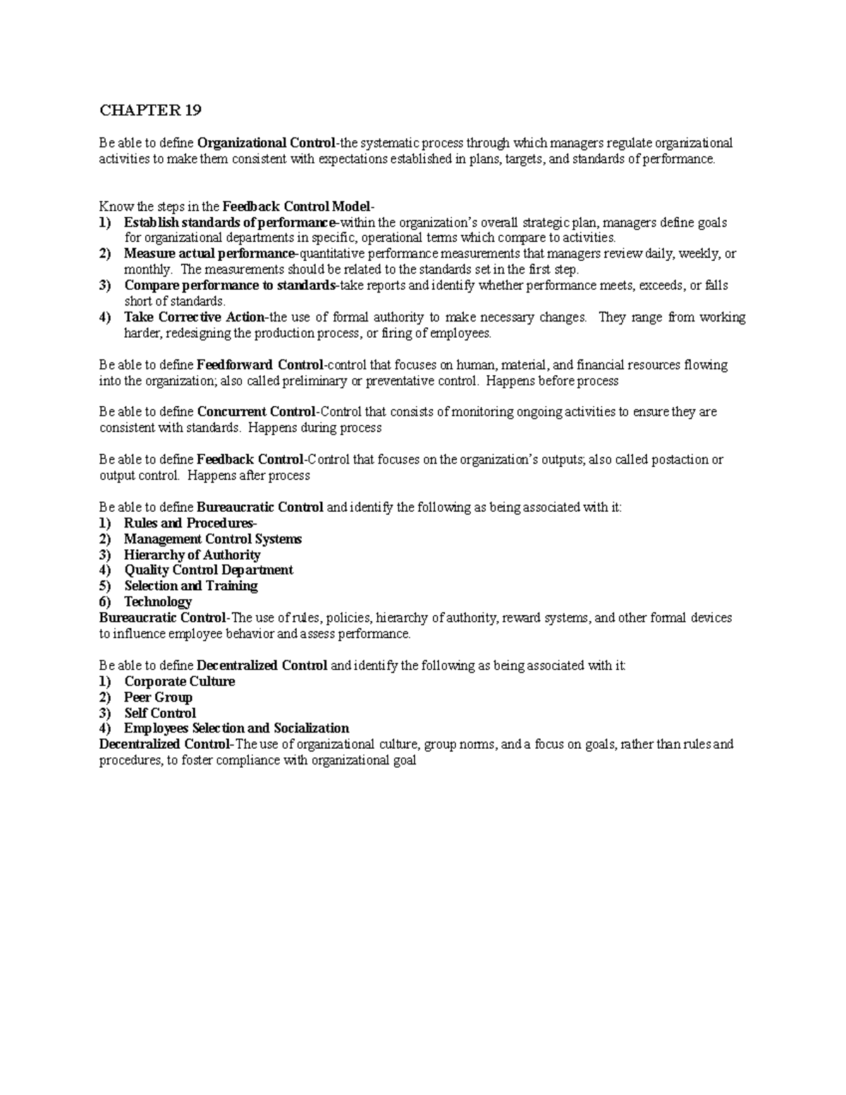 MGMT 371 Chapter 19 Notes CHAPTER 19 Be Able To Define Organizational
