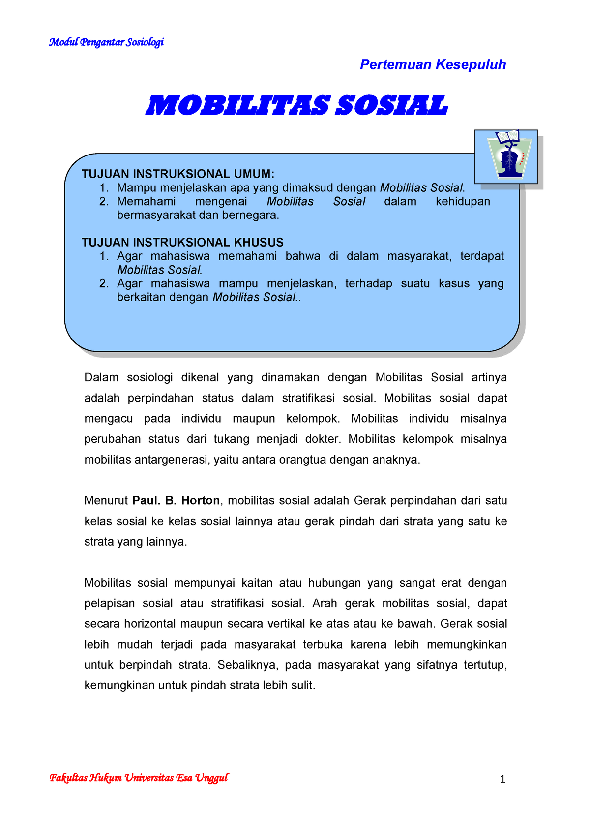 Mobiltas Sosial - Modul - Pertemuan Kesepuluh MOBILITAS SOSIAL Dalam ...