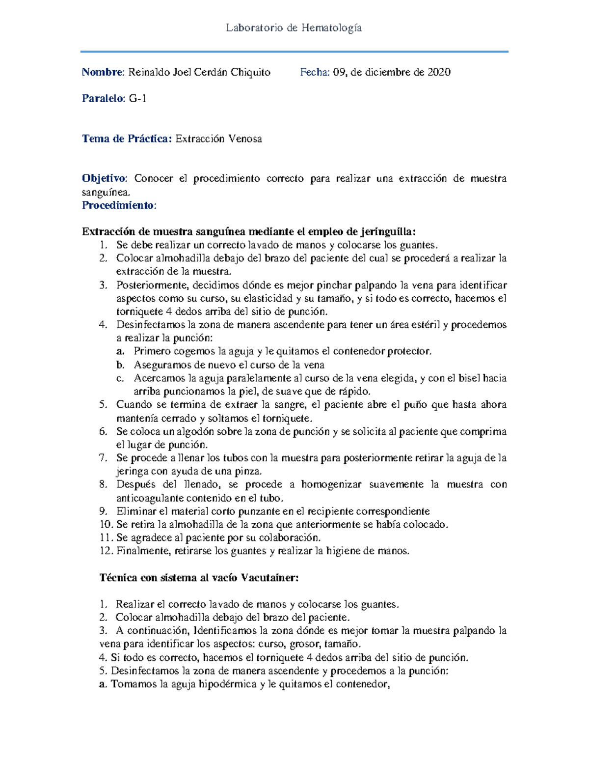 Informe Extracción De Muestra Sanguínea - Laboratorio De Hematología ...