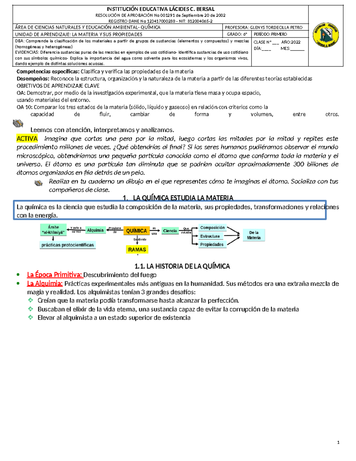 Guia temática Unidad N°1 La Materia y sus Generalidades Grado sexto ...