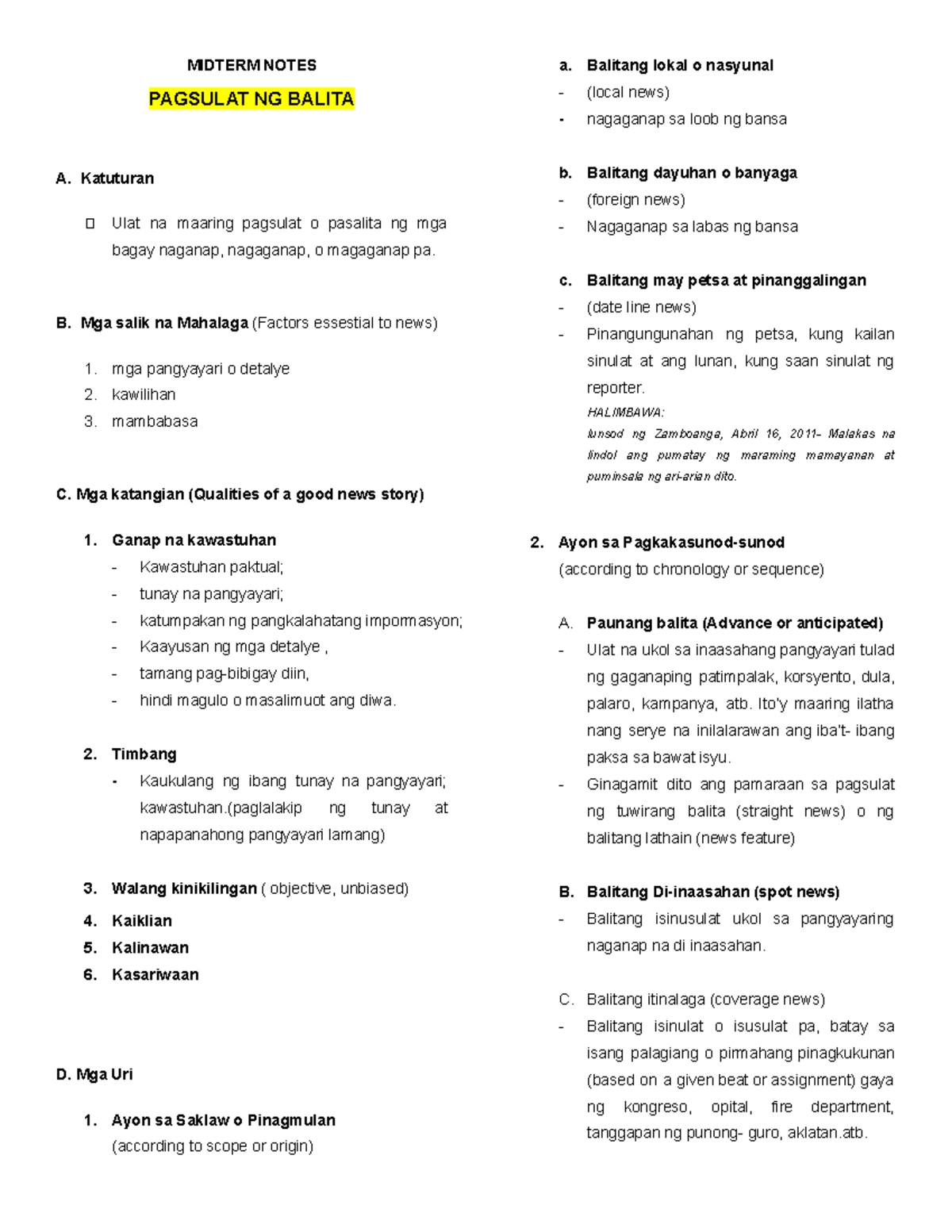 Midterm Notes - MIDTERM NOTES PAGSULAT NG BALITA A. Katuturan Ulat na ...