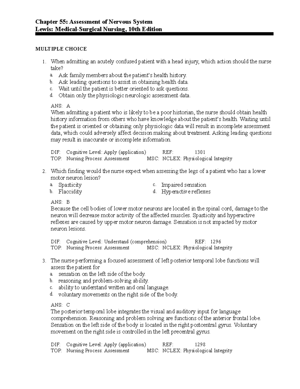 C55 - Ch 55 Test Bank - Chapter 55: Assessment Of Nervous System Lewis ...