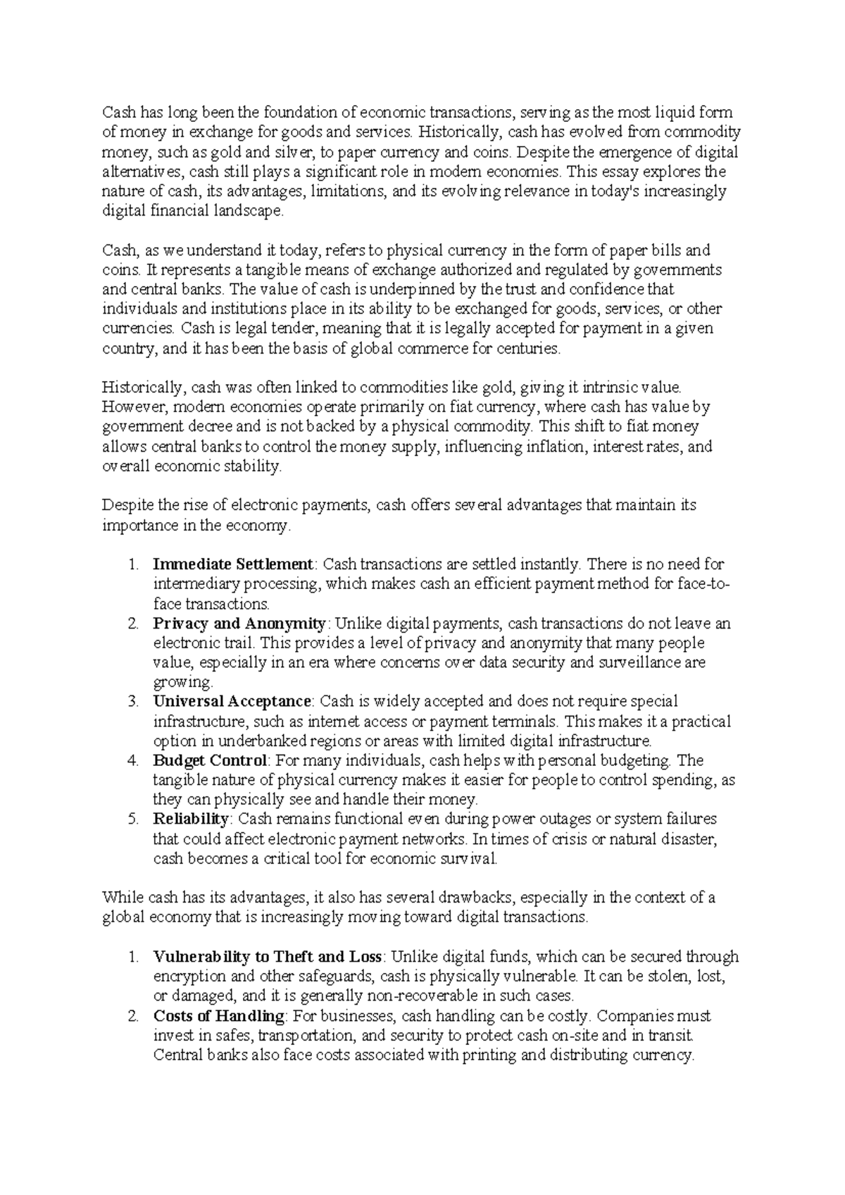 Cash - Essay - Cash has long been the foundation of economic ...