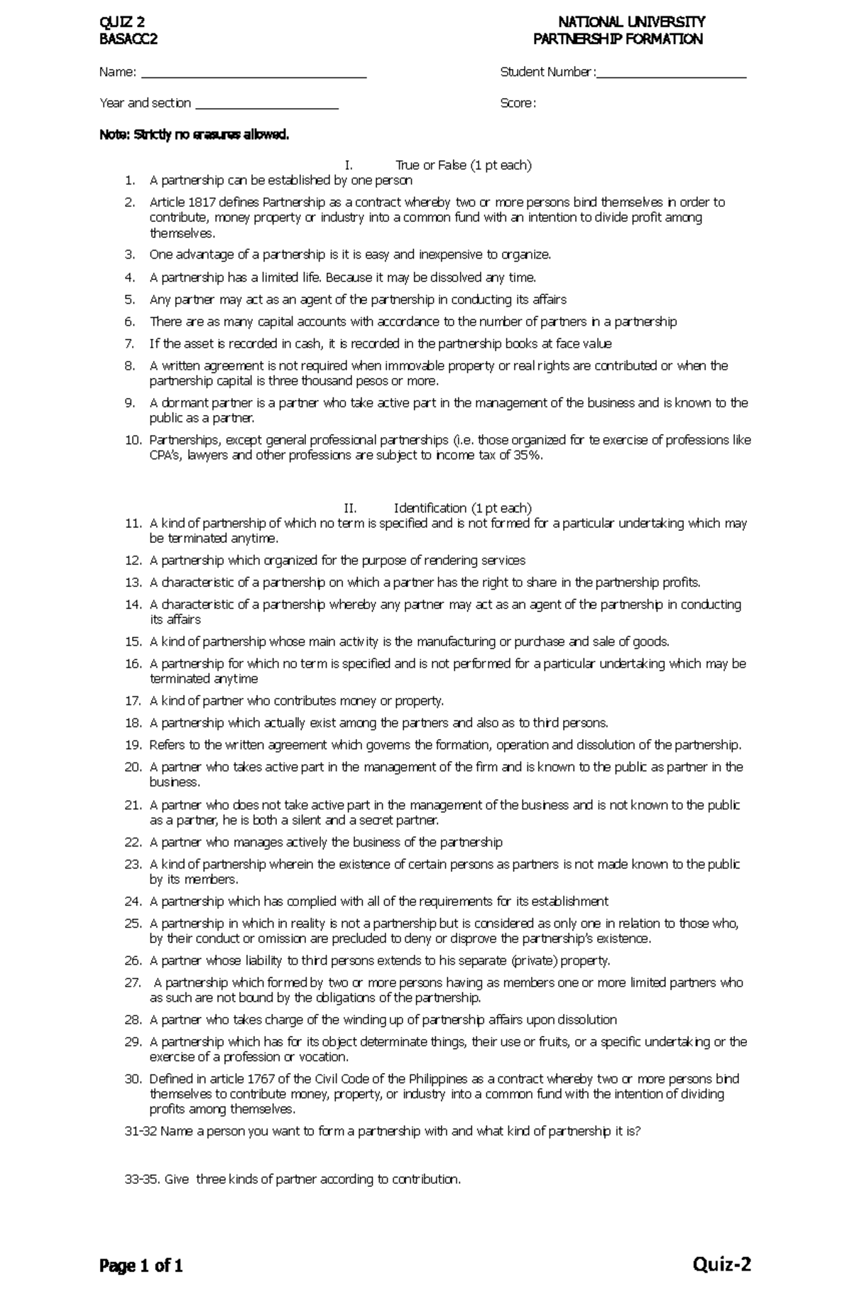 Fundamentals Accounting And Reporting Materials - Quiz 2 National 