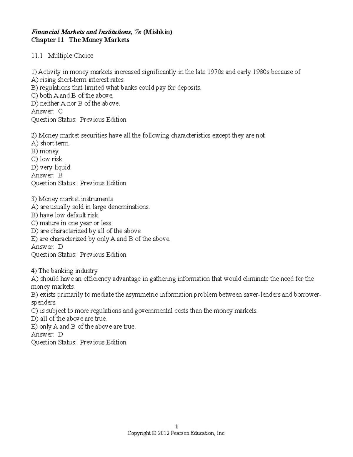 Chapter 11 Financial Markets And Institutions 7e Mishkin Chapter 11 The Money Markets 11