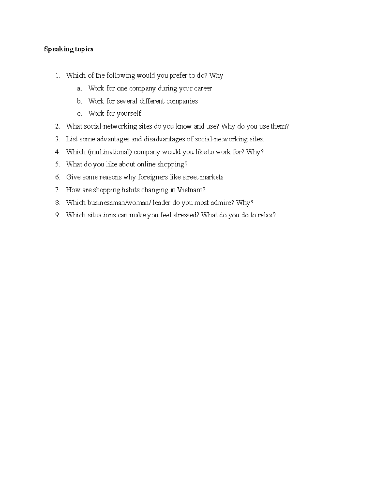 Speaking Topics Speaking Topics Which Of The Following Would You Speaking Topics Speaking Topics Which Of The Following Would You