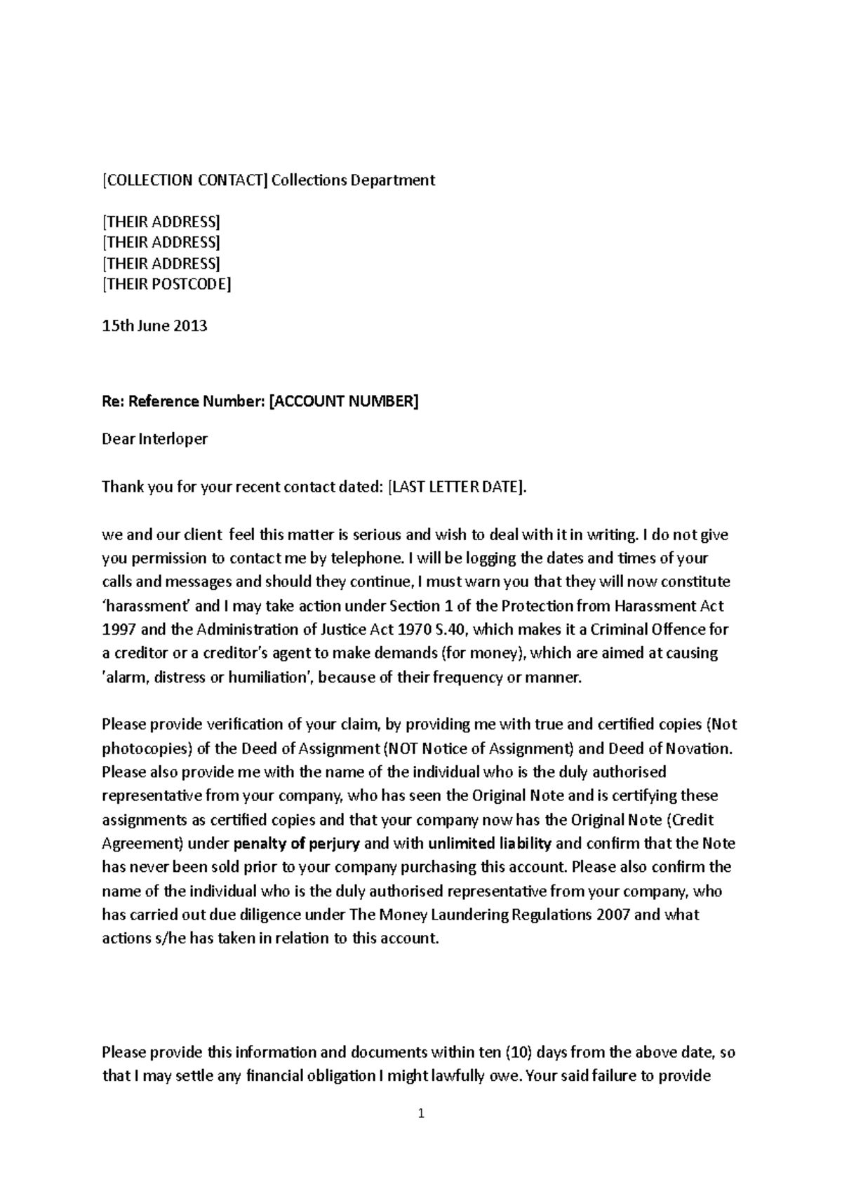 Debt Letter - Defence Response to Debt Collection - 1 - LAW101 - OU ...