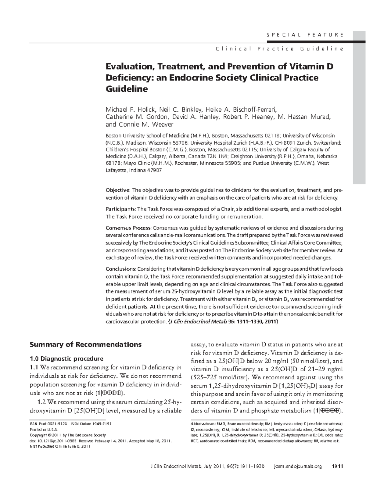 Vitamin D guidelines Evaluation, Treatment, and Prevention of Vitamin