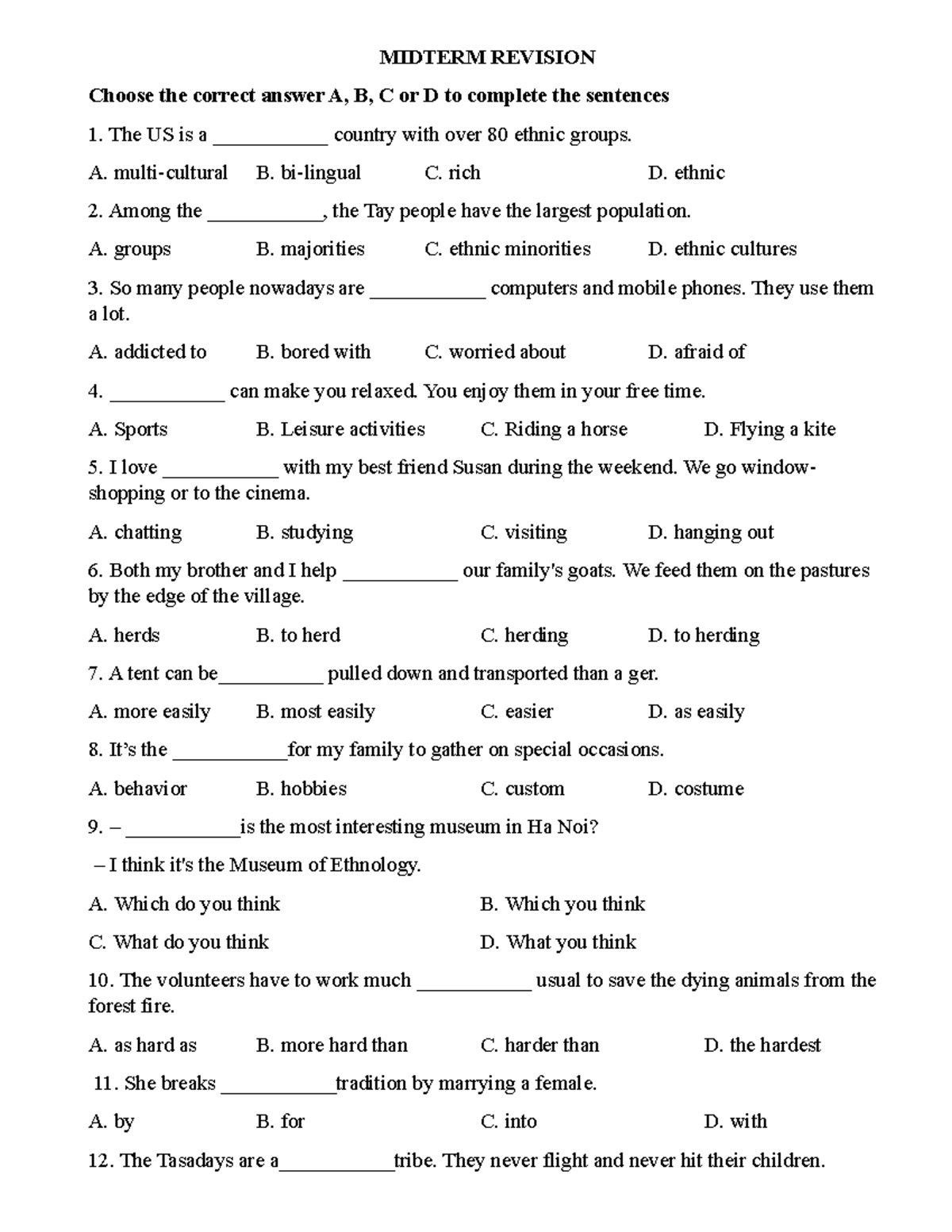 Midterm Revision. final - MIDTERM REVISION Choose the correct answer A ...