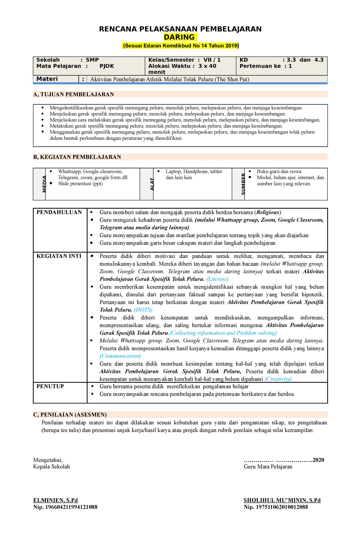 10. RPP 3.4 PJOK 7 - Rencana Perangkat Pembelajaran - RENCANA ...