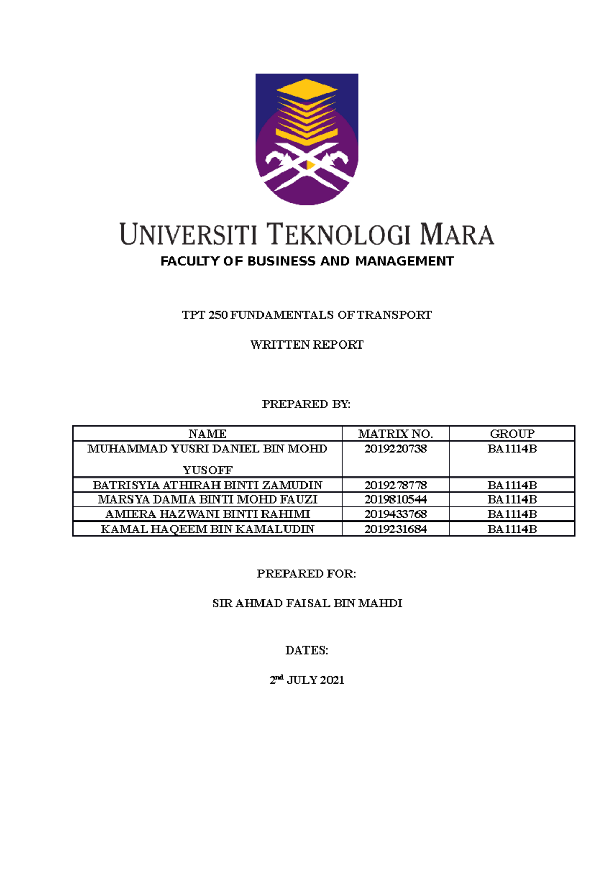 tpt250 assignment report