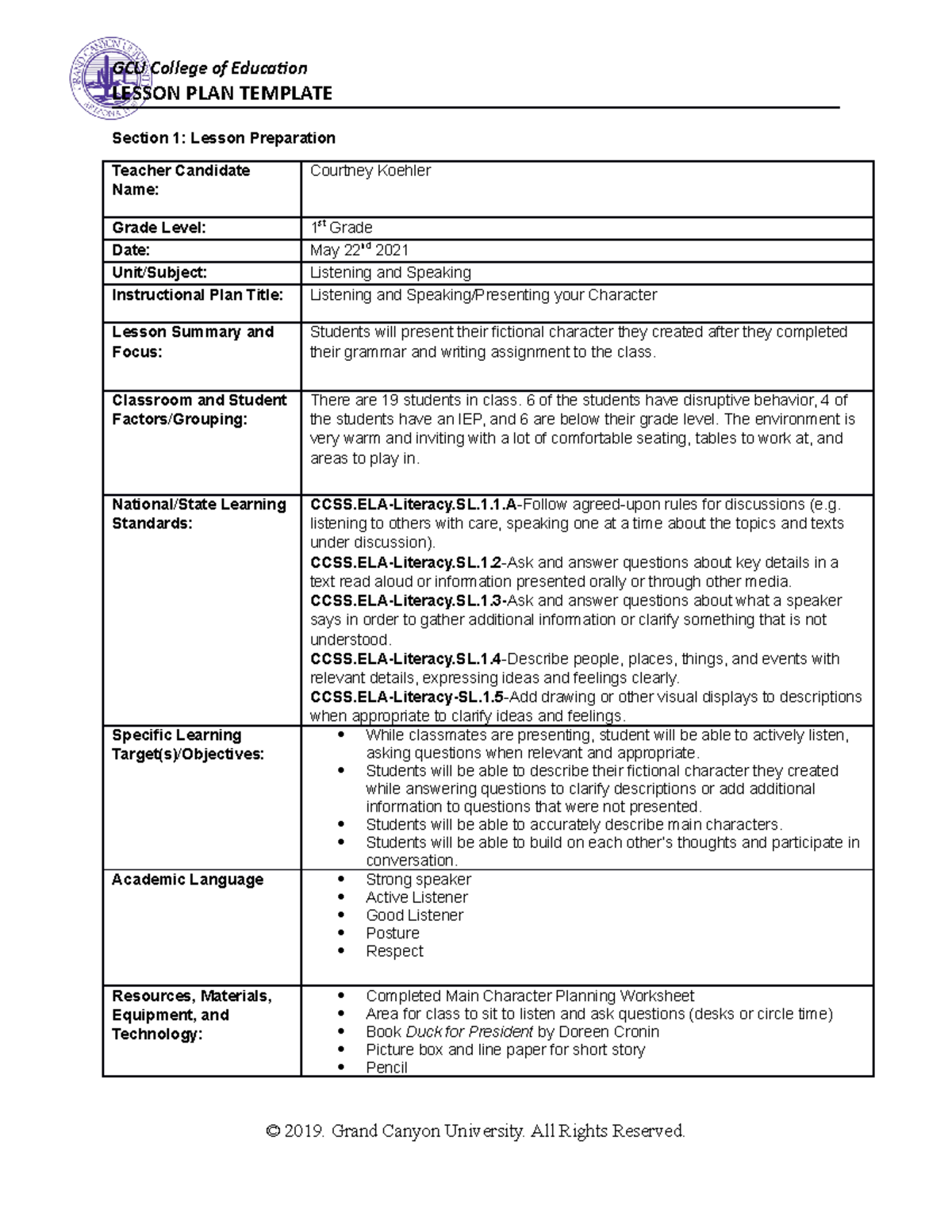 Listening And Speaking Lesson Plan LESSON PLAN TEMPLATE Section 1 