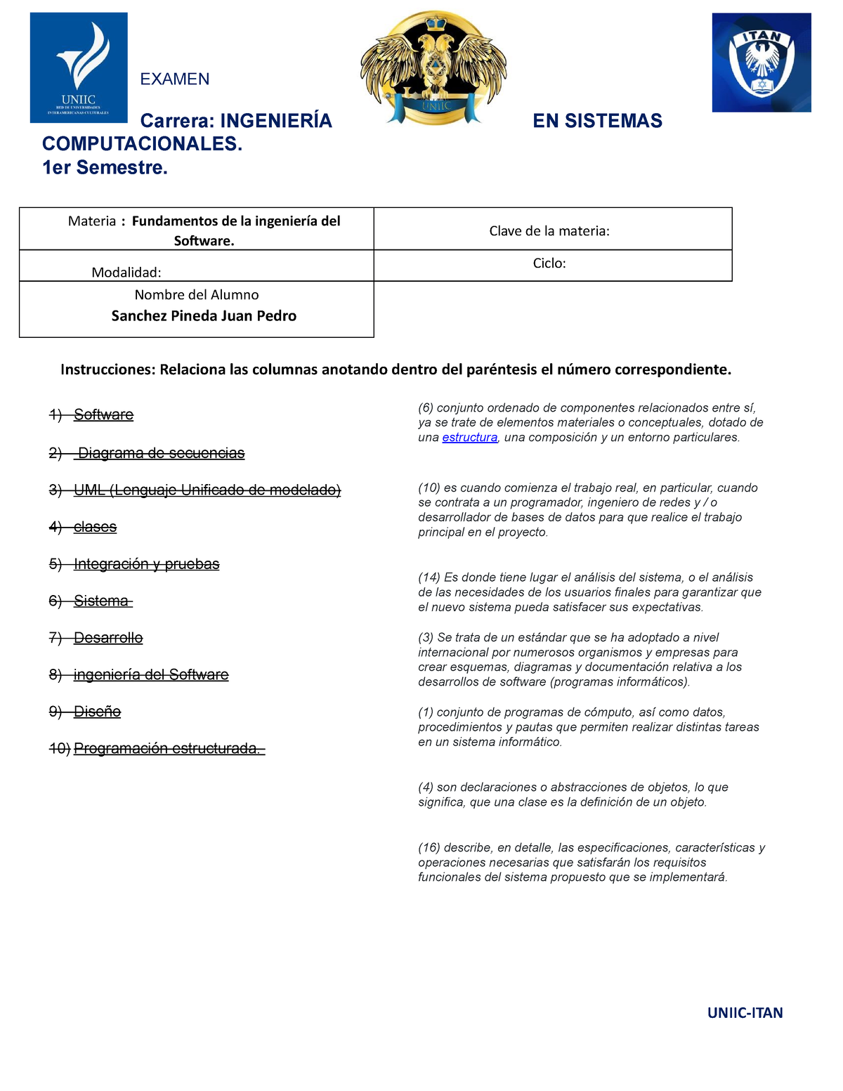 Examen-Ingeneieria Del Software - EXAMEN Carrera: INGENIERÍA EN ...