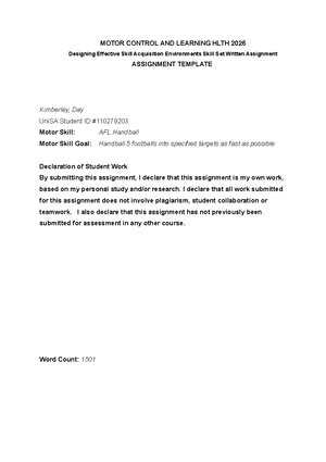Skill Set Written Assignment - MOTOR CONTROL AND LEARNING HLTH 2026 ...