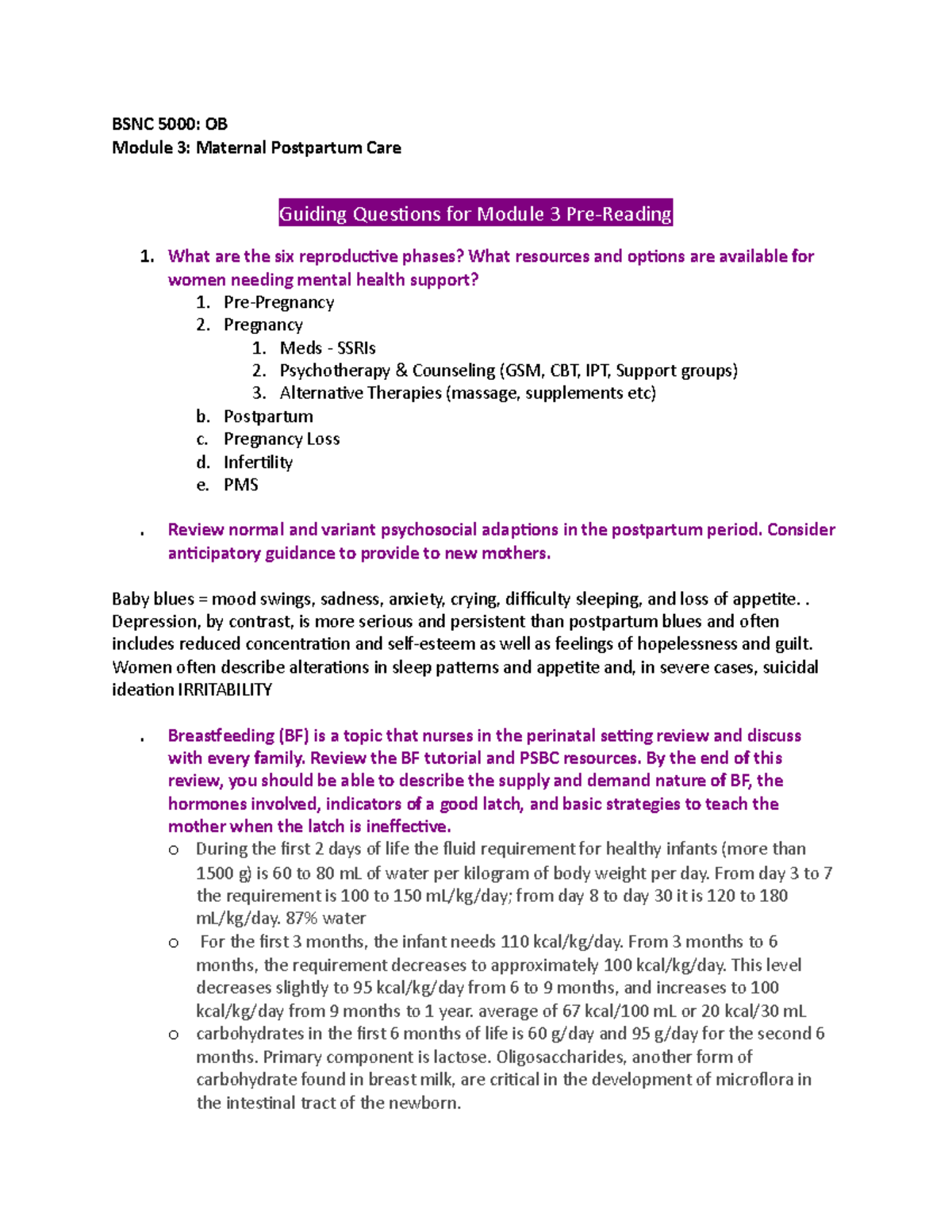 Mod 3 Notes - BSNC 5000: OB Module 3: Maternal Postpartum Care Guiding ...