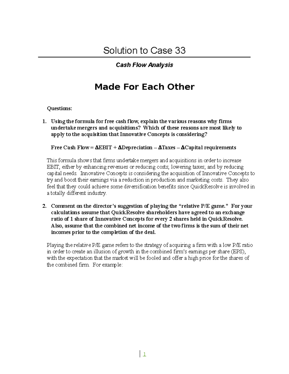 Mini Case 33 Solution - Mini Case - Solution to Case 33 Cash Flow ...