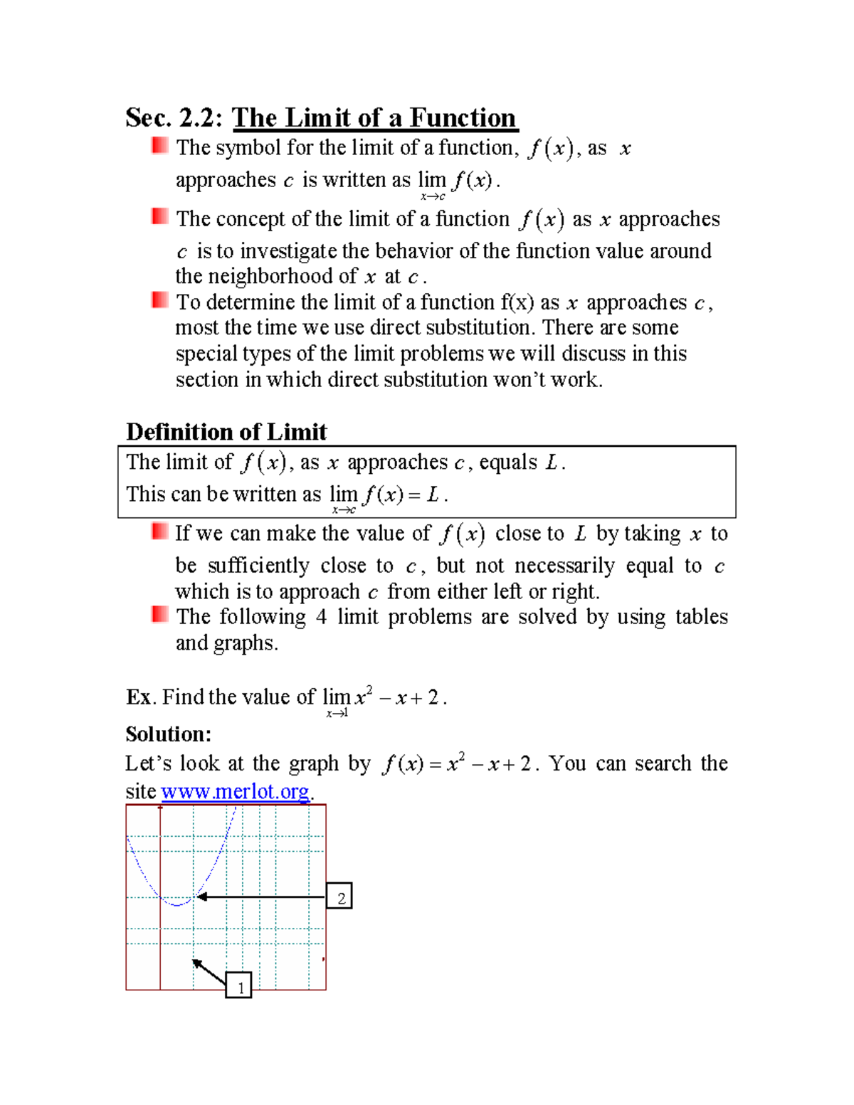 Notes Calculus I Section 2 - Sec. 2: The Limit of a Function The symbol ...