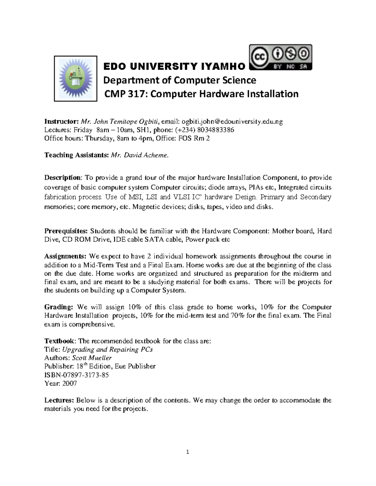Computer hardware installation lecture note - EDO UNIVERSITY IYAMHO ...
