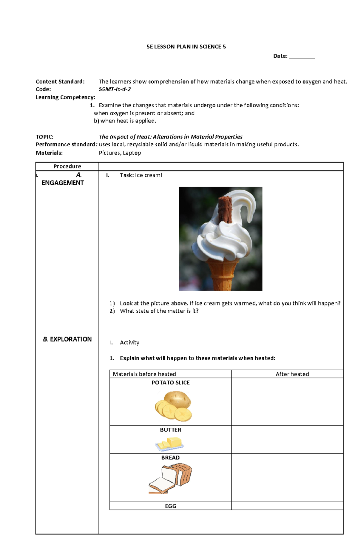 5E Lesson PLAN IN Science 5 Heating Materials Marlon Marsaba - 5E ...