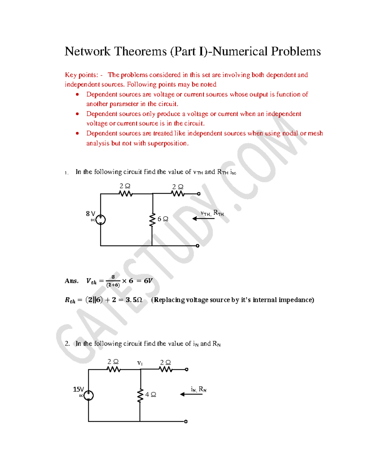 Network Theorems Part I Network Theorems (Part Problems Key points