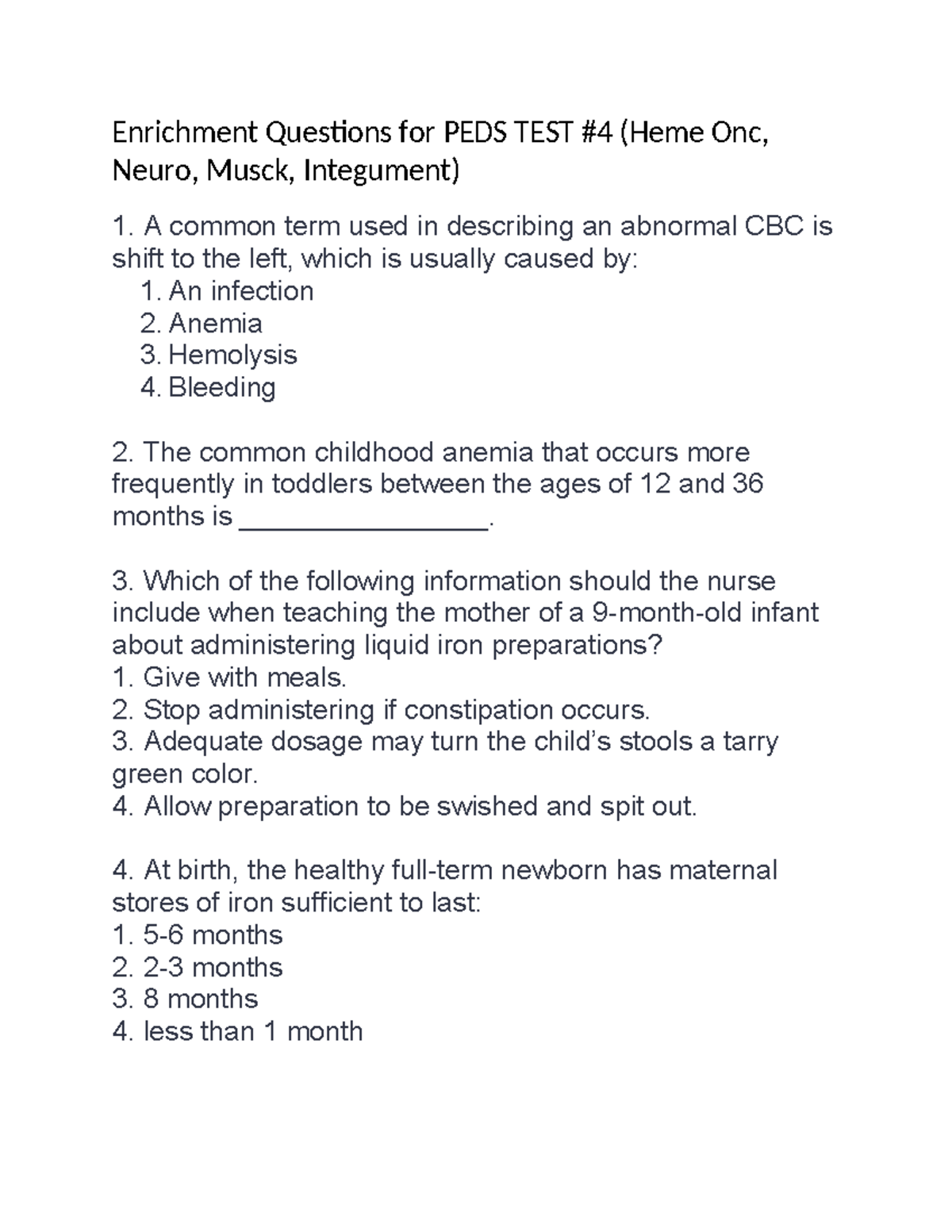 Enrichment Questions for test #4 - Enrichment Questions for PEDS TEST ...