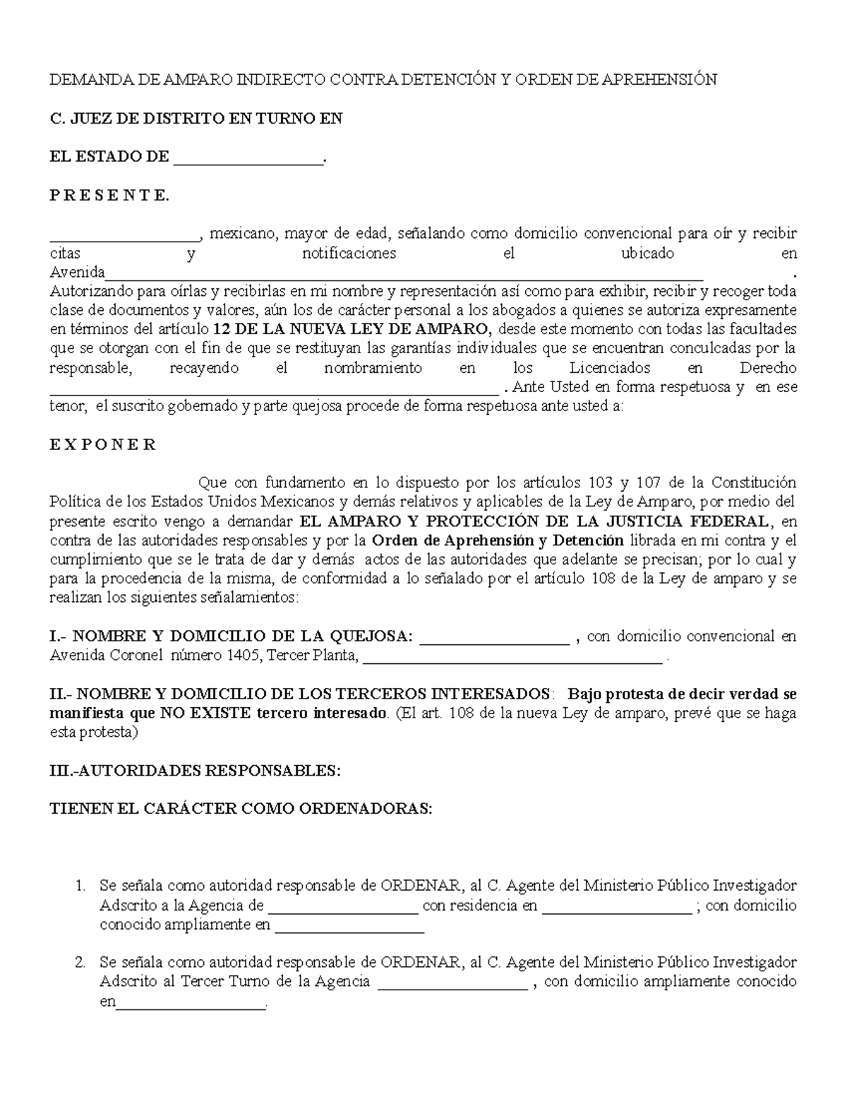Demanda de Amparo Indirecto Contra Detención Y Orden de Aprehensión ...
