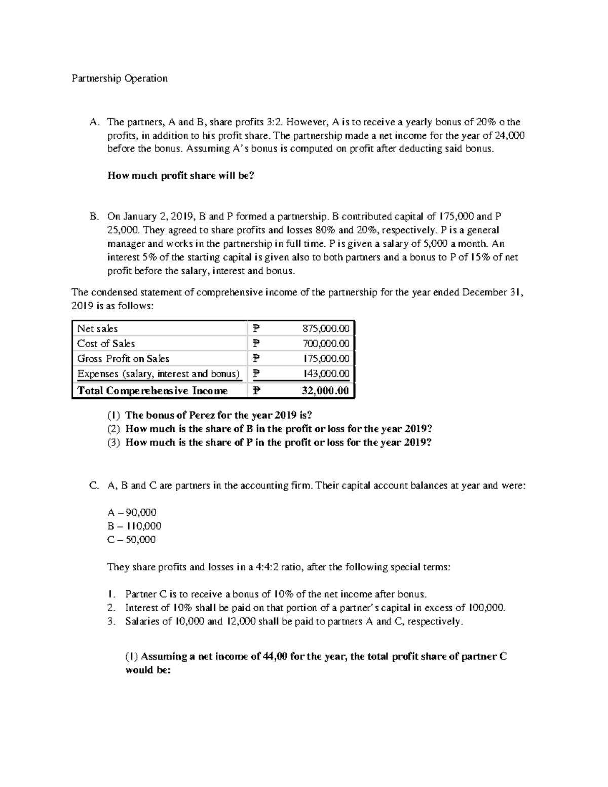 Partnership Operation Problems - Partnership Operation A. The partners ...