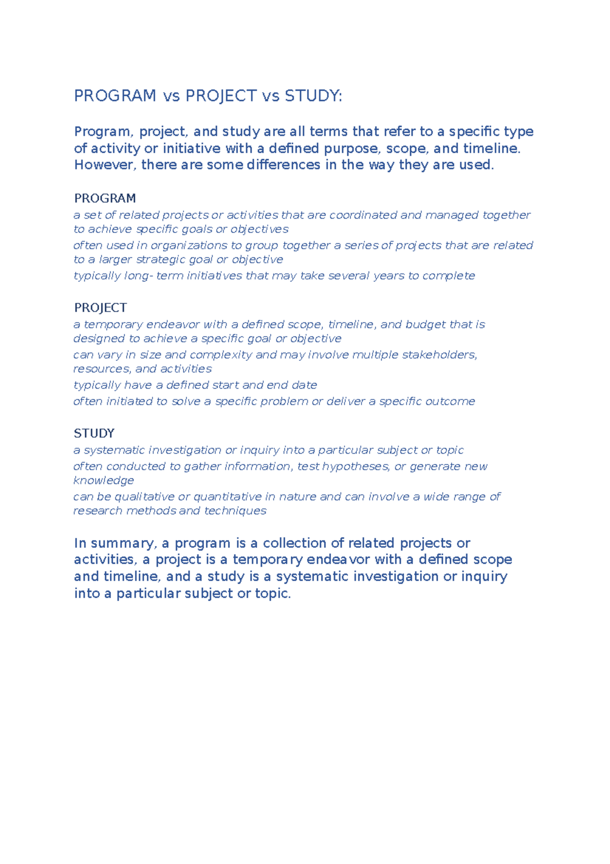 Definitions - Program Project Study - PROGRAM vs PROJECT vs STUDY ...