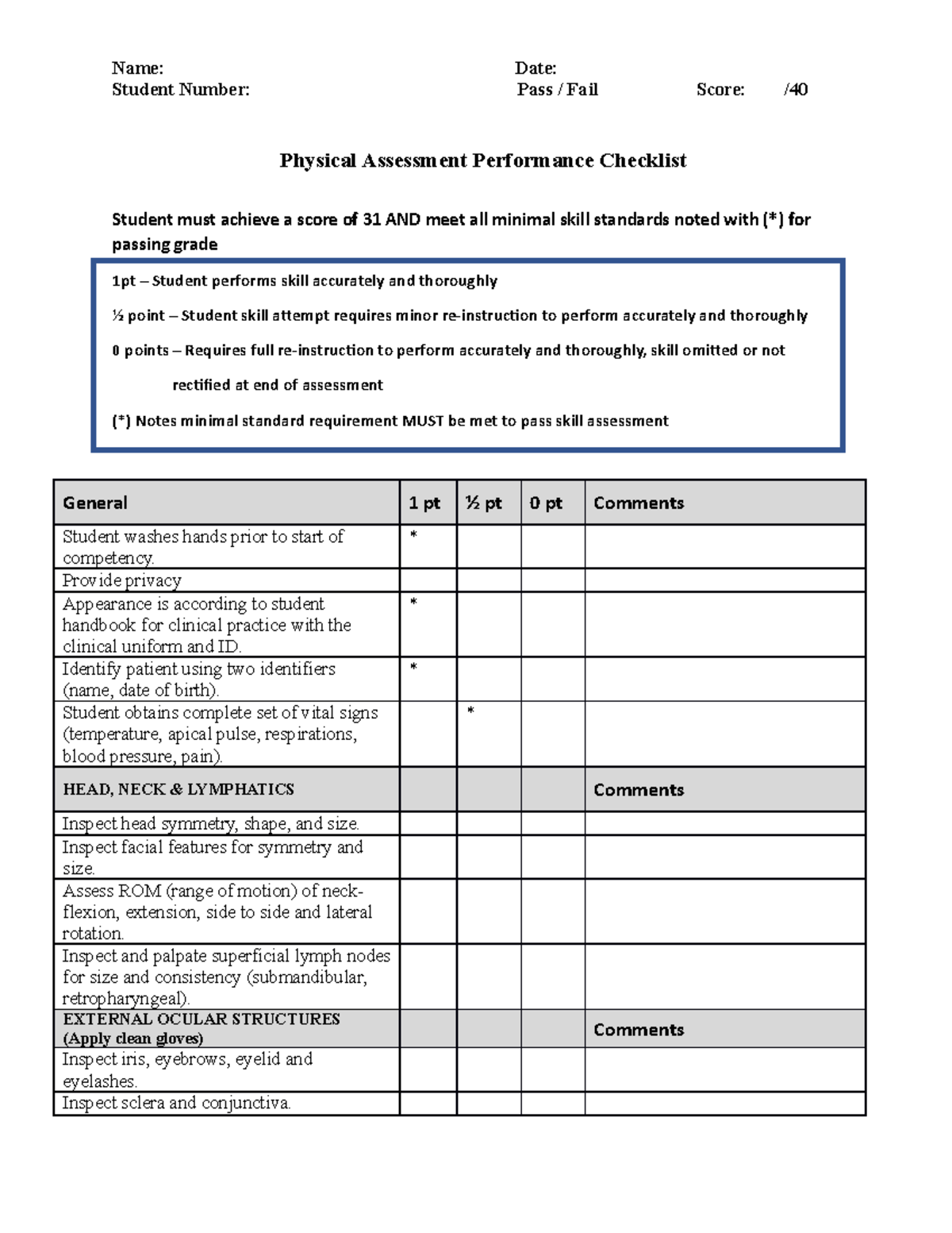 Physical Assessment Checklist S22 final - Name: Date: Student Number ...