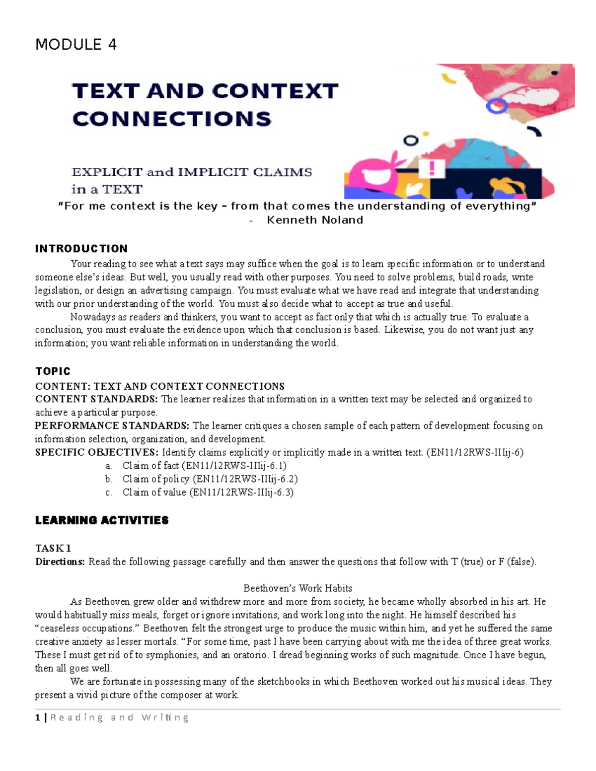 Reading-M4MIL WEEK 1 Q4 tttnccyhbfnfklfmg - MODULE 4 “For me context is ...
