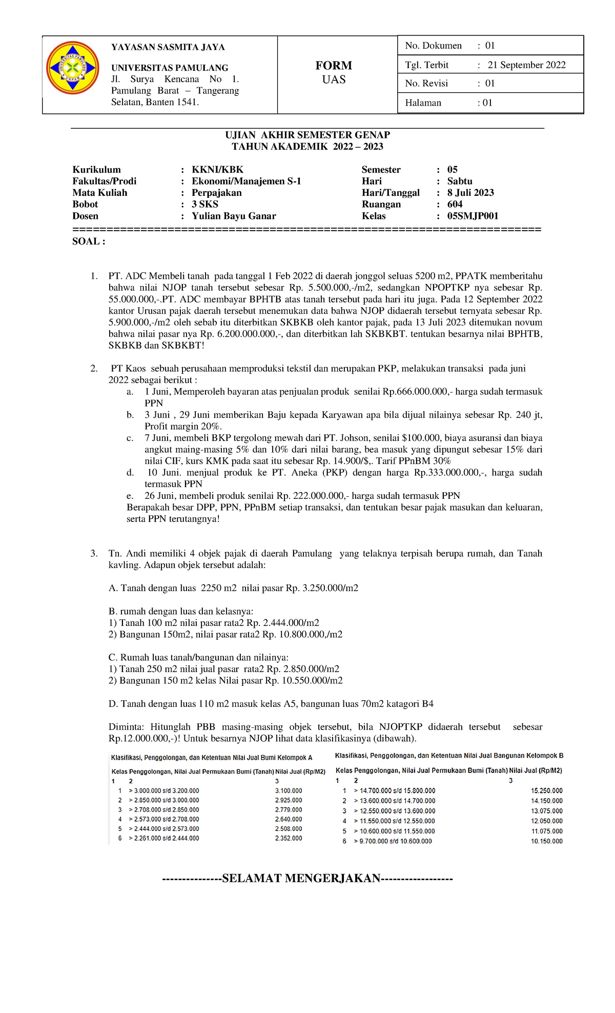 Soal UAS 05SMJP001 Perpajakan - No. Dokumen : 01 Tgl. Terbit : 21 ...