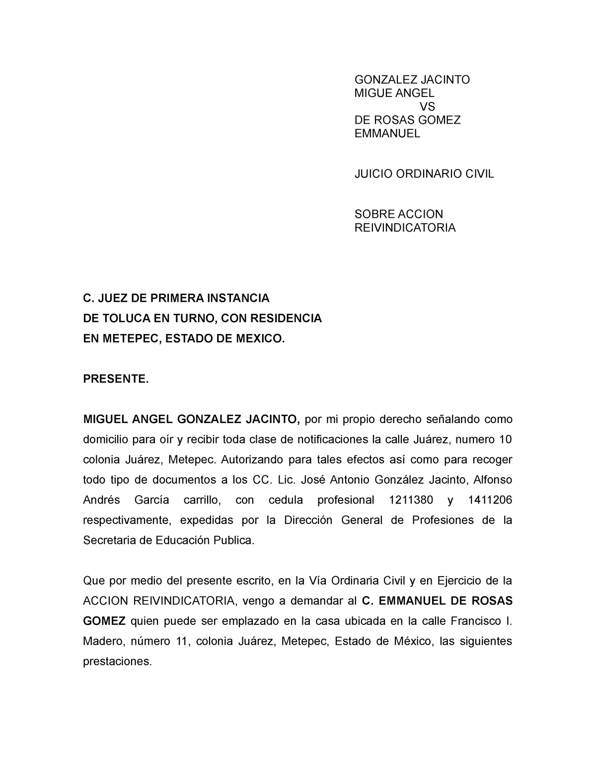 Demanda Accion Reivindicatoria - C. JUEZ DE PRIMERA INSTANCIA DE TOLUCA EN  TURNO, CON RESIDENCIA EN - Studocu
