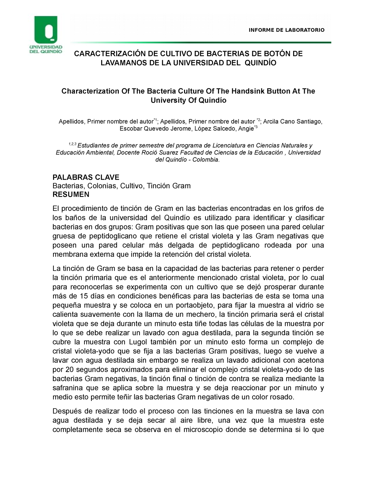 Informe - Tinción De Gram - CARACTERIZACIÓN DE CULTIVO DE BACTERIAS DE ...