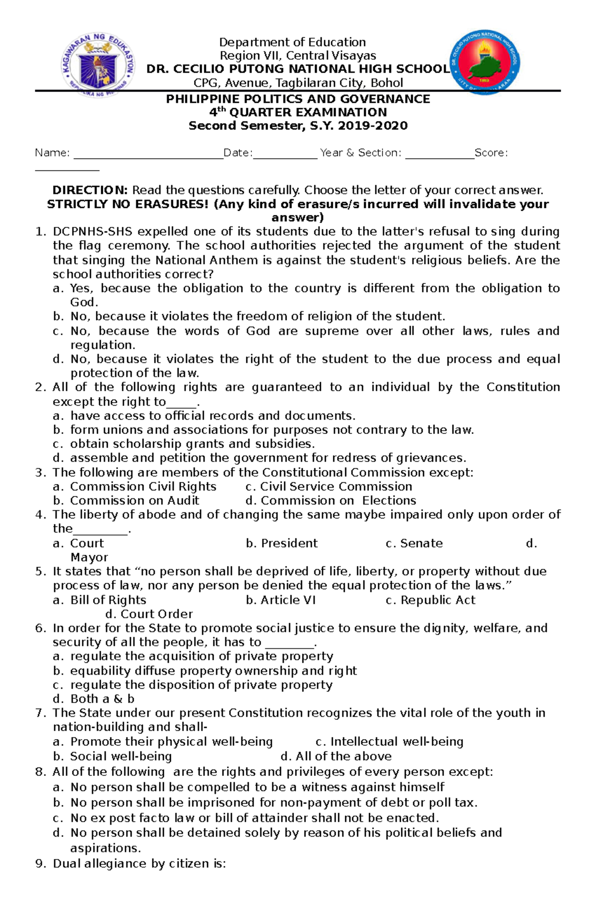 Philippine Politicsand Governance Final Examinationwith Key Answer1 Department of Education