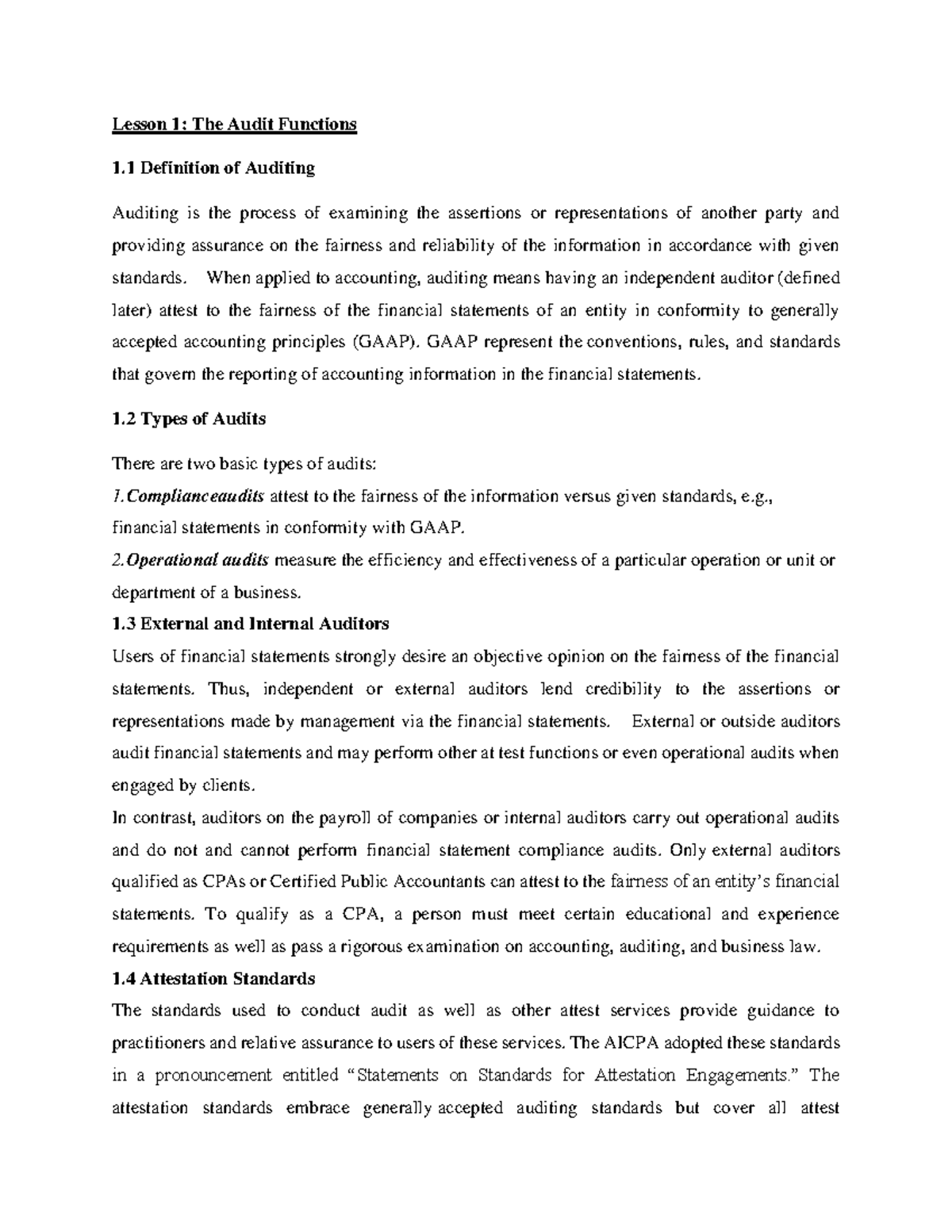 Lecture notes Auditing I - Lesson 1: The Audit Functions 1 Definition ...