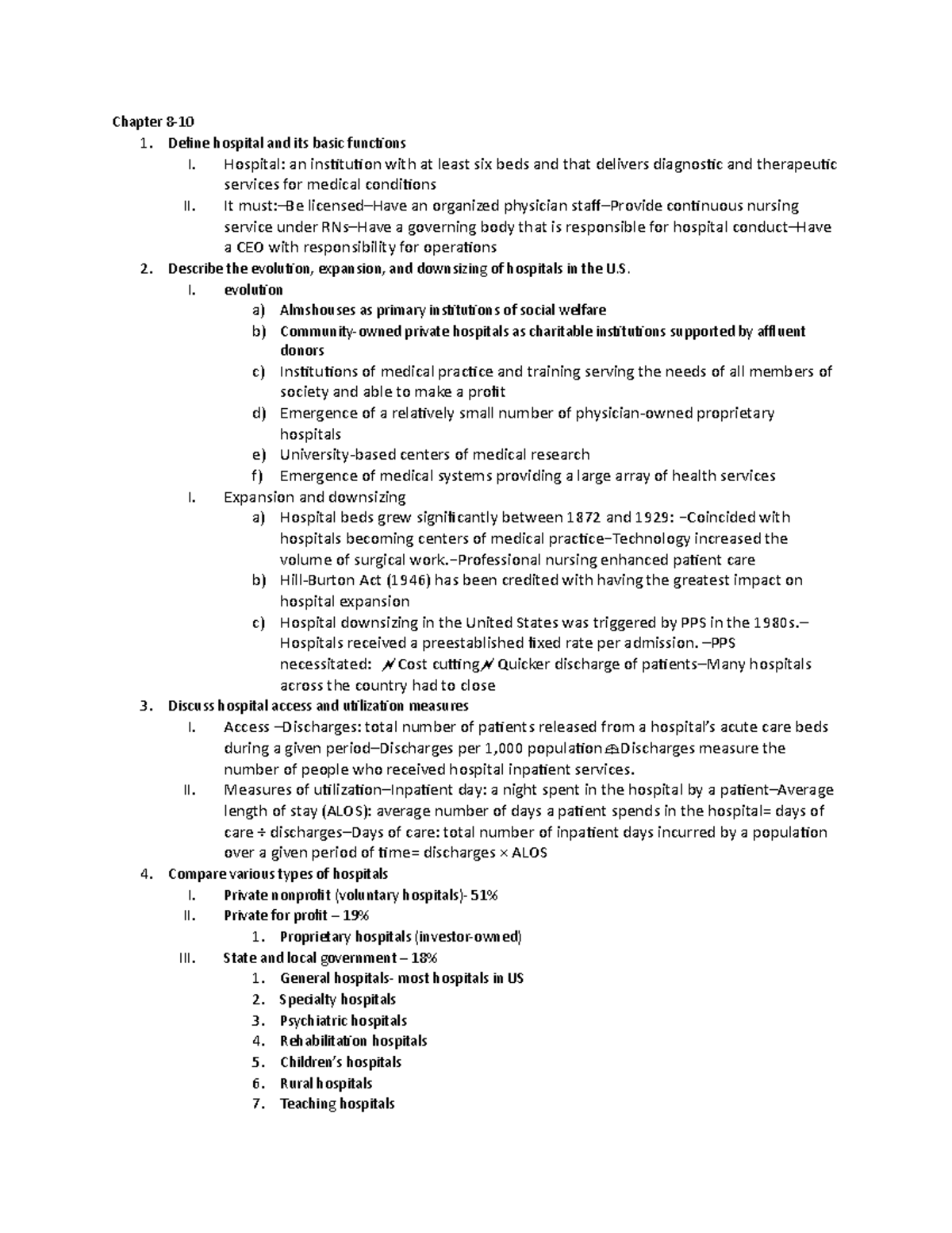 Policy exam 2 study guide - Chapter 8- 1. Define hospital and its basic ...