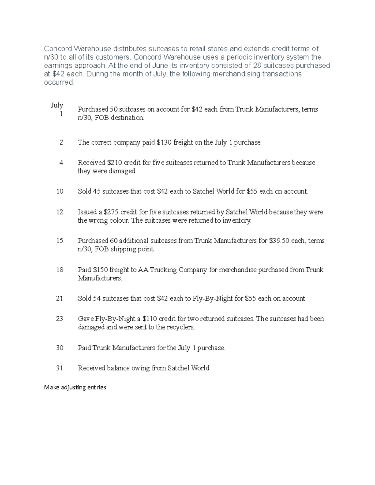 Accounting practice question from wiley plus Concord Warehouse distributes suitcases to retail