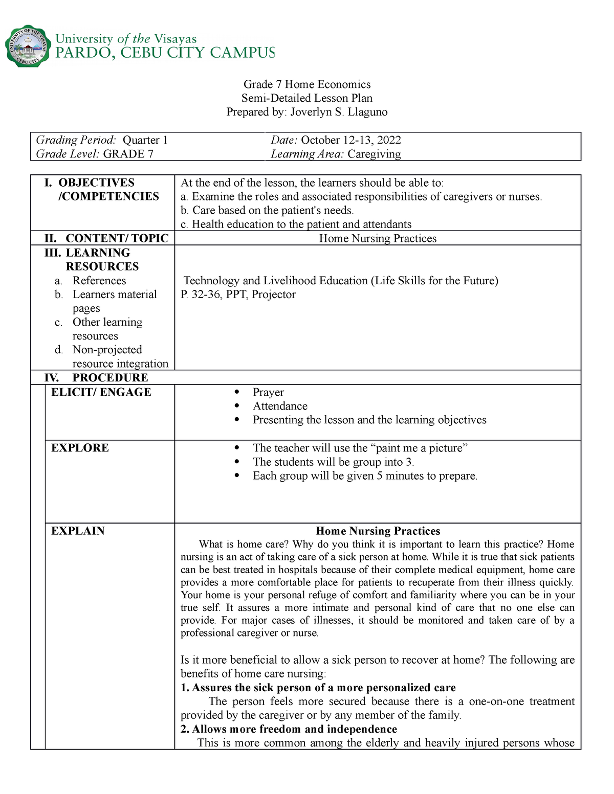 Lesson-PLAN- Caregiving - Grade 7 Home Economics Semi-Detailed Lesson ...