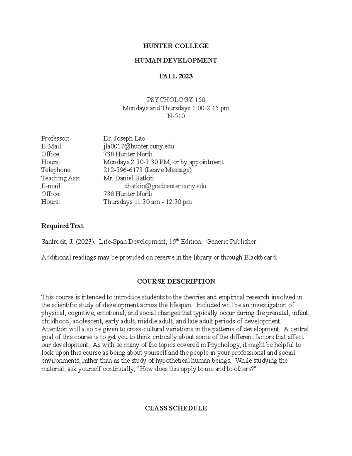 PSYCH 150 Syllabus HUNTER COLLEGE HUMAN DEVELOPMENT FALL 2023