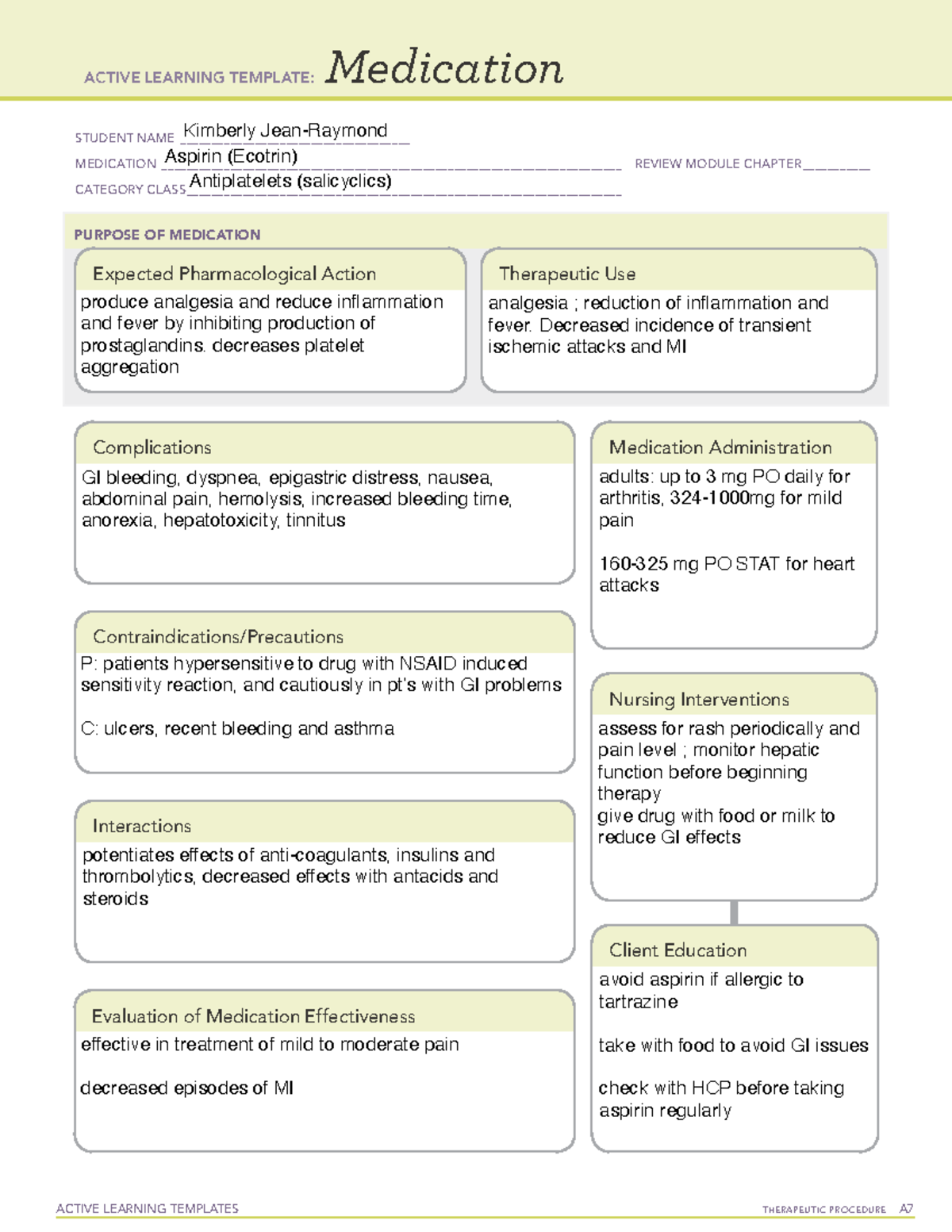 Aspirin CV Medication Ati Nursing Review Work ACTIVE LEARNING 