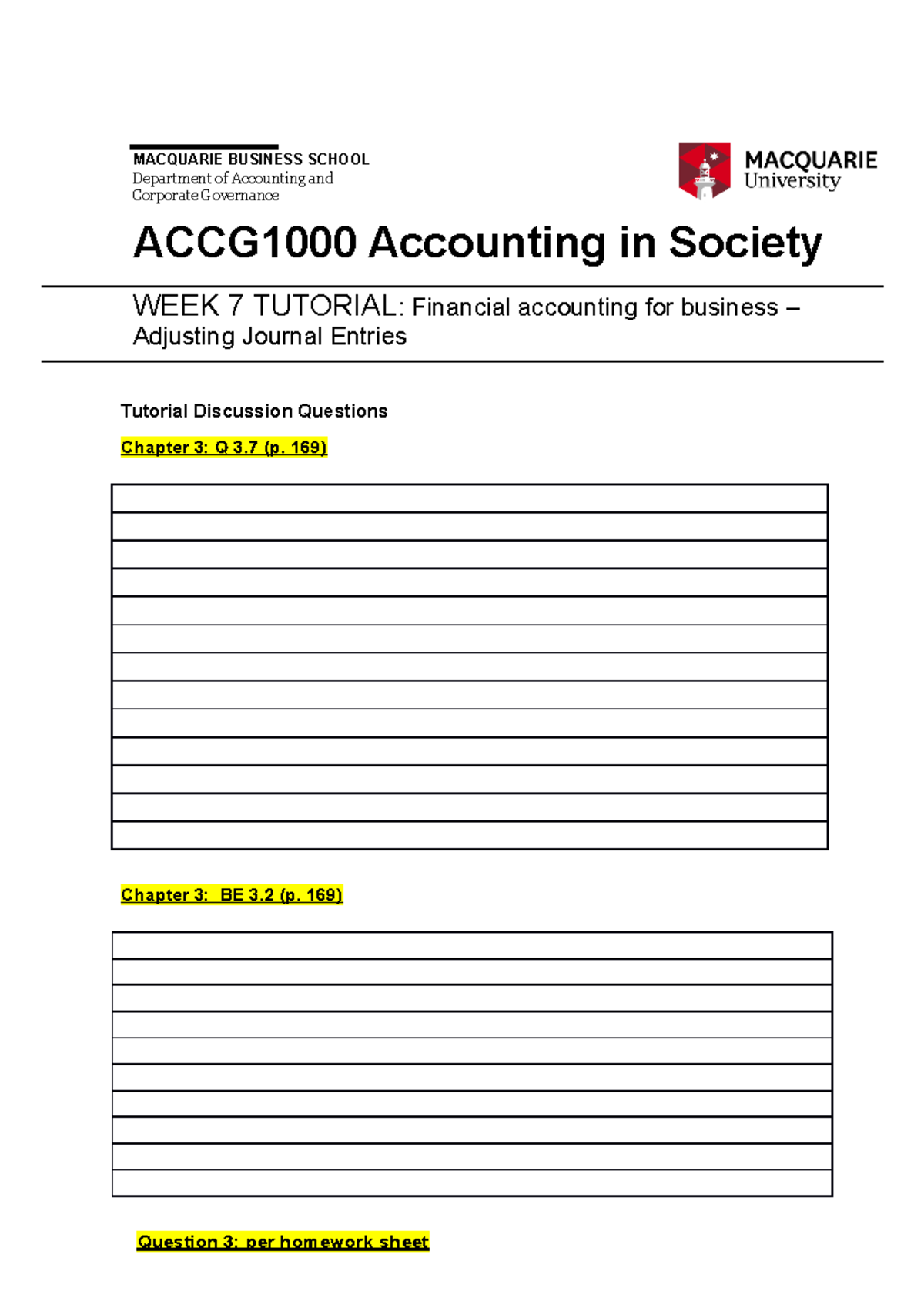 Week 7 Tutorial Homework Workbook - MACQUARIE BUSINESS SCHOOL ...