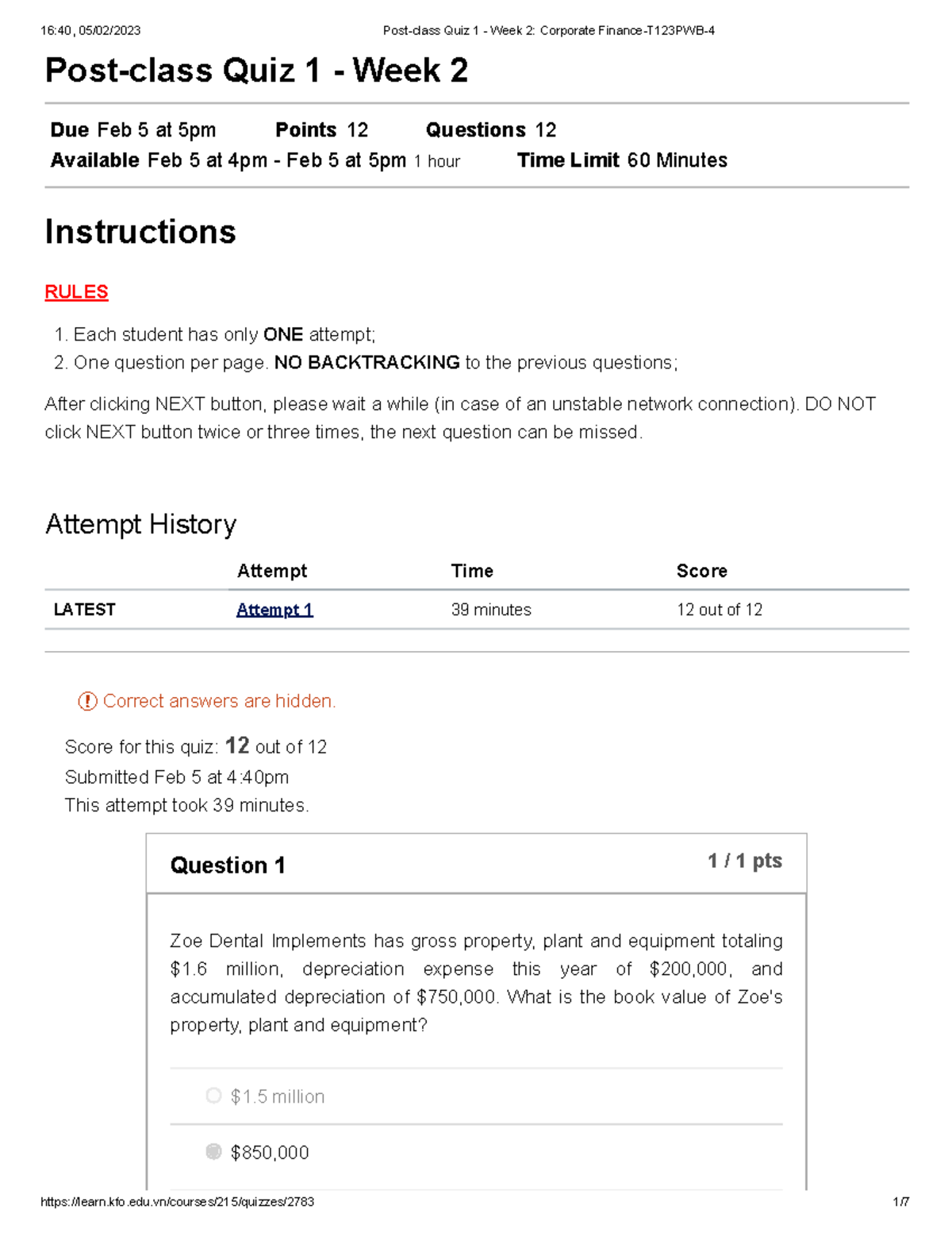 Post-class Quiz 1 - Week 2 Corporate Finance-T123PWB-4 - Post-class ...