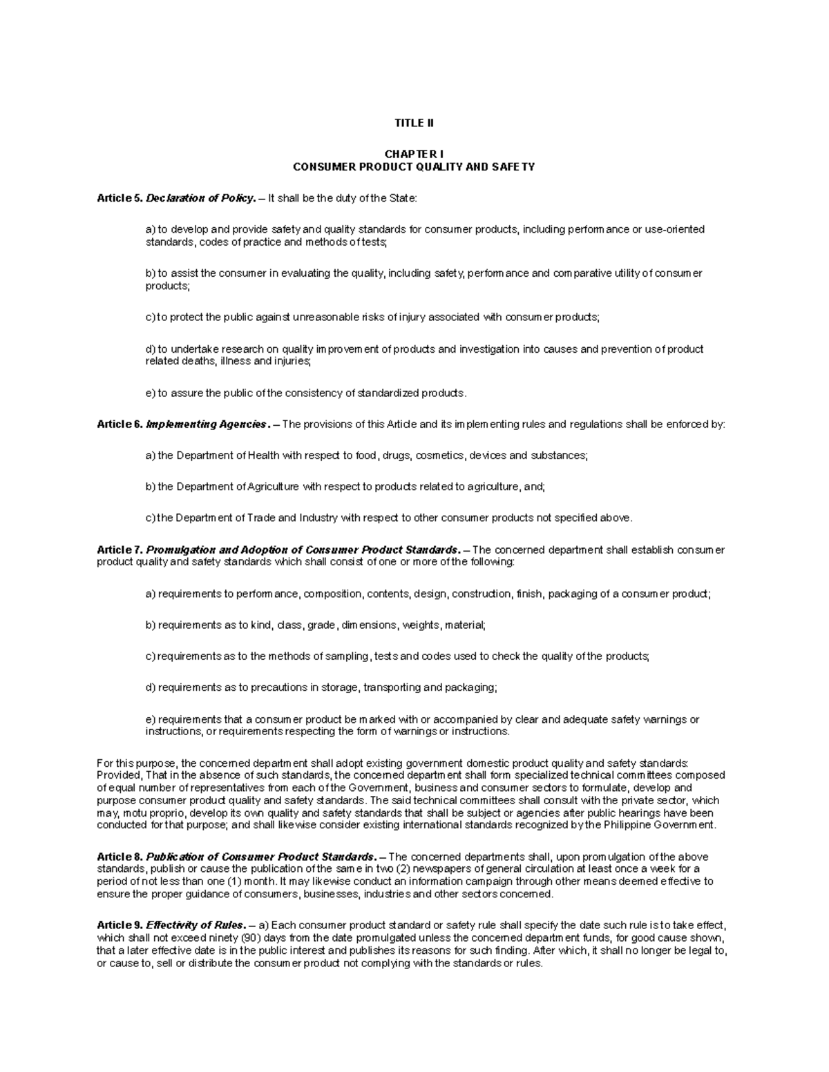 Title 2 - N/a - TITLE II CHAPTER I CONSUMER PRODUCT QUALITY AND SAFETY ...